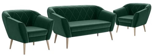 MEBLINI Mini Sofa Set 2-1-1 für Wohnzimmer - Mini Lounge für Vier Personen - Küchensofa - Sofa Klein - Sitzgarnitur - Polstergarnitur - Sofagarnituren - Gisela - 2+1+1 - Grün Samt