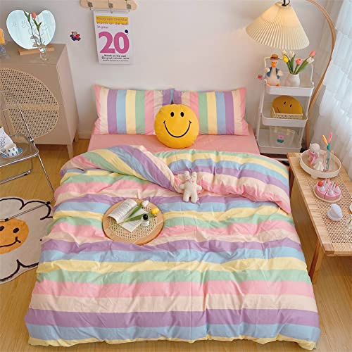 Koudi Ropa de cama infantil de 155 x 220 cm, multicolor, diseño de rayas, funda nórdica con cremallera y funda de almohada de 80 x 80 cm
