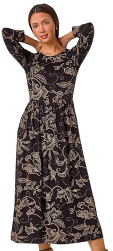Roman Originals Midi Dress with Pockets for Women UK Ladies Stretchy Jersey Maxi Long 3/4 Length Sleeve Gathered High Waist Boho Flattering Skater Swing Fit Flare
