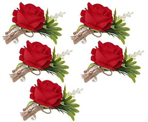 TYCIONG 5 stycken bröllopsnålar med ros, nål för bröllop, knapphålor, fasta plastblommor för brud och brudgum (röd)