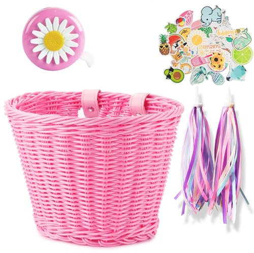 Roysmart Panier Velo Enfant, Panier de Guidon de Vélo Enfant, Tricotage à la Main Panier Vélo avec Sangle en Cuir, Sonnette de vélo, Autocollant, Main Panier Vélo pour Filles Garçons