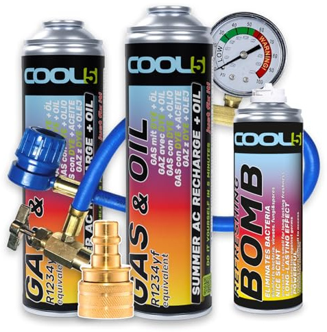 Cool5 2X Summer AC Recharge + Öl KIT - Klimaanlagen-Reparaturset - Kältemittel-Gas-Ersatz mit Öl (R1234yf-Gas-Ersatz) mit Messschlauch + Adapter YF - für Autos ab Baujahr 2017, 290g + Refreshing Bomb