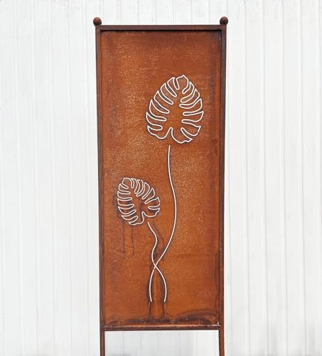 Edelrost Sichtschutz mit Blätter Motiv 2 Monstera Blätter 162 cm x 53 cm Paravent zum Stecken Schild Gartenschild Gartenstecker Edelrost Gartendeko Wetterfest Rost Metall Zaun