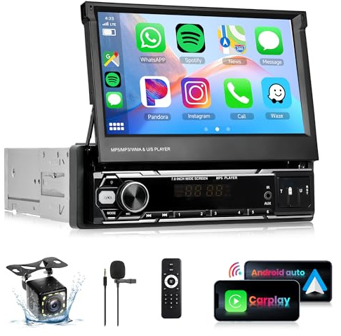 Rimoody Radio de Coche 1 DIN Inalámbrico Carplay Android Auto con Pantalla Táctil HD de 7 Pulgadas Retráctil Pantalla con Bluetooth GPS Navi Mirror Link FM/Am/RDS Radio TF/USB/AUX Cámara Trasera