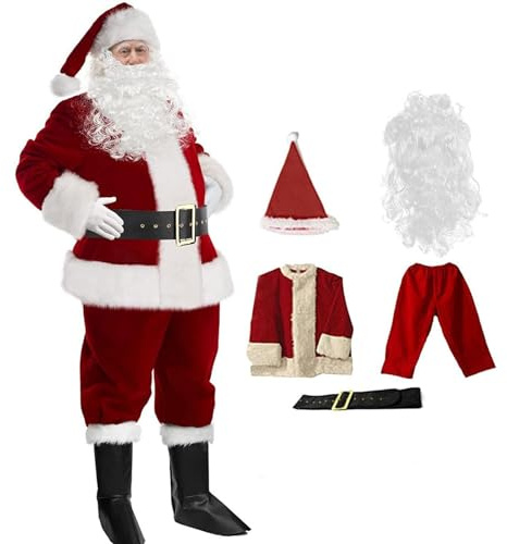 Frcychri Jultomtekostym, dräkt i sammet, 5 delar, röd jultomtedräkt, julklädsel, deluxe-kostym, outfit, ultralyxig tomtedräkt för vuxna, semesterkläder, storlek L