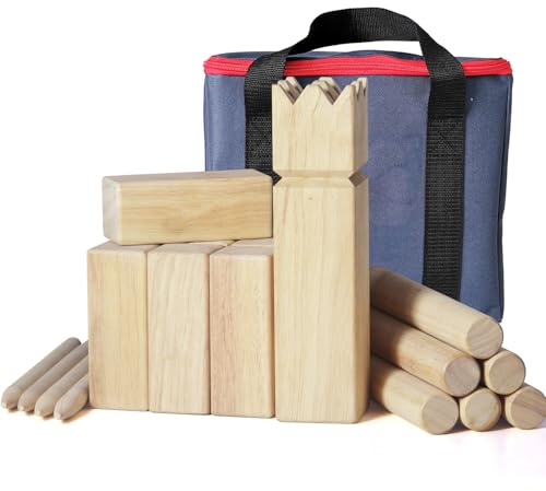 JacJoe All Pro Kubb Spiel im Freien | Wurfspiel mit Tragetasche | Kegelspiel | Gummi Holz Garten Rasen Spiele | Wurfspiel mit Tragetasche (30 x 7.5 x 7.5 cm-King, L)