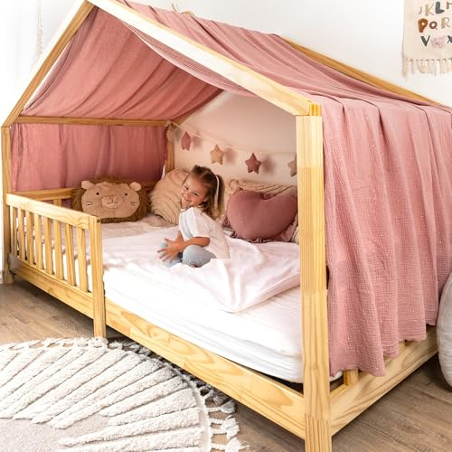 lilimaus Hausbett Himmel mit Gold Applikation [in 12 Farben] Betthimmel | Hausbett aus 100% Baumwolle Musselin - Stoffhimmel für Hausbett Deko Mädchen, Jungen - Himmel für Hausbett Kinderbett Vorhang