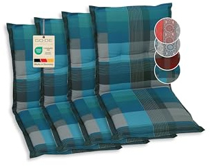 GO-DE Textil Bequeme und attraktive Polsterauflagen für Niederlehner-Gartenstühle (4er-Set, Karo Petrol, Niederlehner)