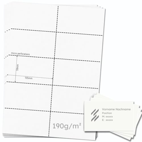 OfficeGear extra starke, bedruckbare Visitenkarten, 10-fach [25 Blatt – 250 Stück] – Perforierte 190 g/m² Firmen- und Namenskarten – 59 × 105 mm – Weiß – inkl. Designvorlage