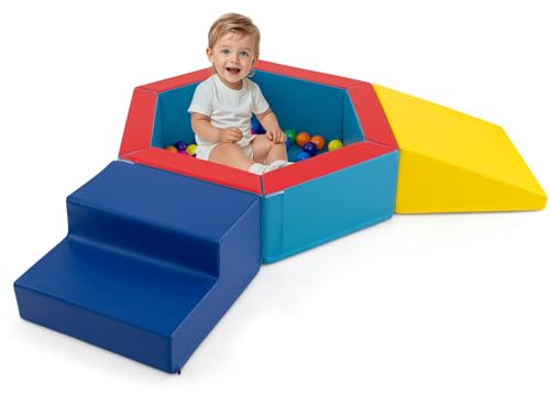 COSTWAY 3-Piece Soft Play Climbing Blocks, Baby Foam Climb and Crawl Playset with Ball Pit and 100 Colorful Ocean Balls, Playground Montessori Toy for 1+ Years Old