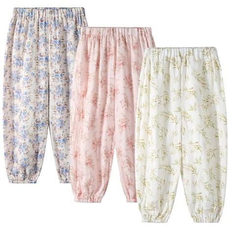 Miipat Babybyxor för flickor, 3 delar, mjuka långa pojkbyxor för sommaren, med elastisk midja, unisex byxor för småbarn, Ljusrosa grön, 18-24 M�nader