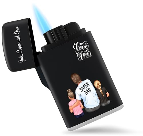 Vater - Super Papa Feuerzeug personalisiert Bester Papa Geschenk Vatertag Papi Geschenke Väter I Sturmfeuerzeug Vatertagsgeschenk - 6,5 x 4 cm - Schwarz - für personalisierte feuerzeuge dad Kind