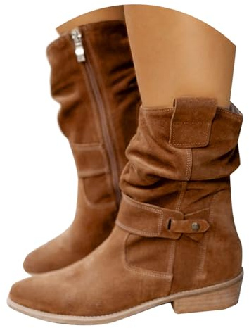 EQWIGKEIT Botines de mujer de verano, botas de vaquero para mujer, estilo vintage, cómodas, estilo vaquero, elegantes, botas occidentales, media altura, con tacón, botines de ante