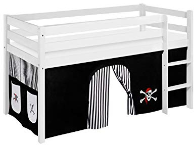 Lilokids Hochbett JELLE 90×200 cm | 90x190 cm – Kinderbett & Spielbett aus Massivholz (Kiefer) inkl. Lattenrost – Verschiedene Markenmotive (Pirat schwarz-Streifen, 90 x 200 cm)