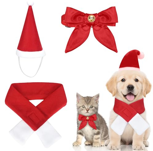 KOOOGEAR Haustier Kostüm Weihnachten,Katzen Hunde Weihnachtskostüm,Kleidung Weihnachtsmütze und Schal für Klein Hund Katze,Hundebekleidung Lustig Deko (Einheitsgröße, Mütze + Schal + Fliege)