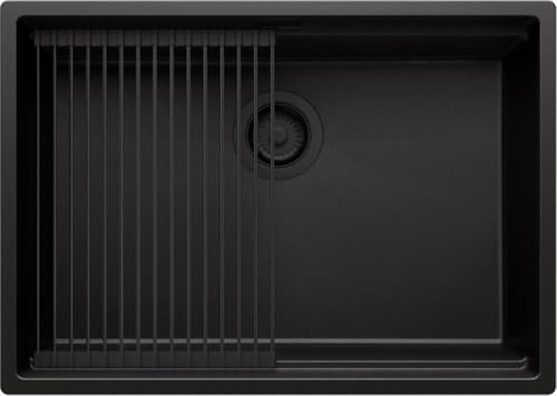 PRIMAGRAN Fregadero bajo Encimera al Mueble 70cm + Kit de desagüe, 66x47cm | Set: Kit de desagüe + Enrollable Escurridor + Prague Level 1 Seno para Cocina, Todo Negro