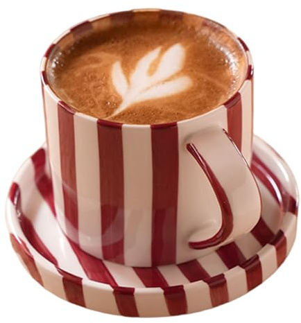 Comebachome Keramik-Kaffeetasse, 200 ml, rot gestreifte Vintage-Kaffeetassen mit Henkel und Untertasse für Zuhause, Büro, Tee, Getränke, Wasser, Heimdekorationen