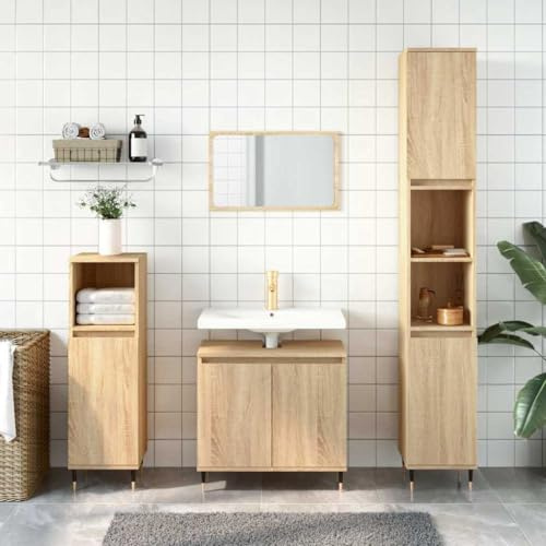 SooIarix Badskåp Sonoma-ek, 58 x 33 x 60 cm, träbaserade material med järnfötter, badrumsskåp för förvaringsutrymme, fuktbeständiga badrumsmöbler