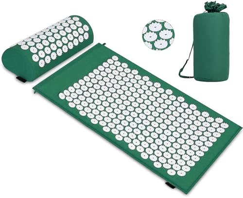 Acupressure Set, Acupressure Mat with Pillow for Soothing Relaxation and Massage, Relief from Back Pain, Headaches, Neck Pain, Stress at Home, in the Office, or While Traveling (Grün)