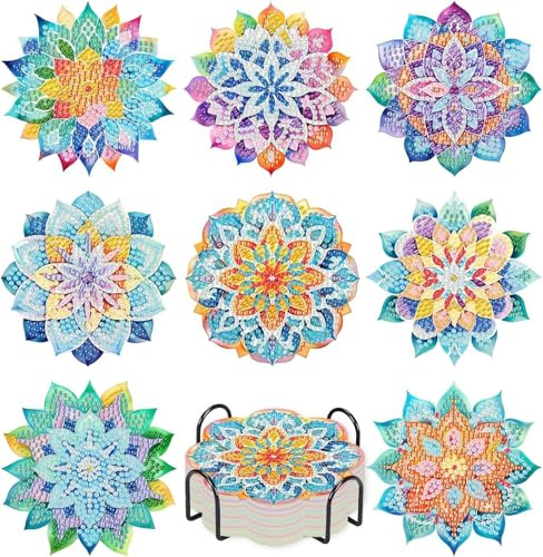 8 PCS Succulent Diamond Art Coasters with Holder, DIY Succulent Diamond Painting Coasters Kits for Adults, Plants Mosaic Diamond Painting Coaster Gift Set with Non Slip Hardwood Bases 4x4 Inch