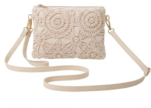 Disparatte Borsa a Tracolla da Donna all'Uncinetto Boho Chic Beige – Piccola Borsa a Spalla con Tracolla Regolabile e Cerniera – Borsa Estiva Elegante per Spiaggia, Uso Quotidiano, Feste e Vacanze