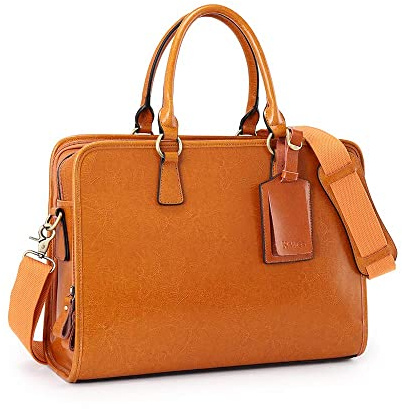 Kattee Aktentasche aus echtem Leder für Damen, große Kapazität, Laptoptasche mit Gepäckanhänger