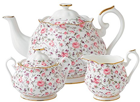 Royal Albert Modern Vintage ROSCON25823 Teapot, Sugar Box, Creamer, 3 Piece Set Rose Confetti, Bone China, White, 3-Piece