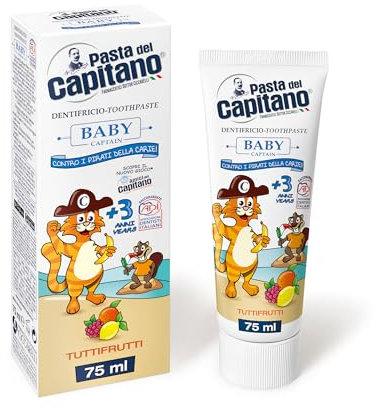 Pasta del Capitano, Dentifricio Baby Tuttifrutti, Delicato in Gel Gusto Tuttifrutti, con Sali di Fluoro e Calcio, Ideale per Bambini a Partire dai 3 Anni di Età, Tubetto da 75 ml, Made in Italy