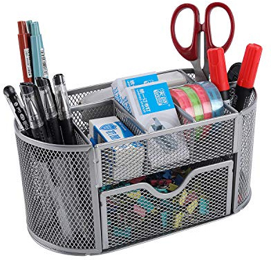 EasyPAG Desk Tidy Stationery Organiser Pen Holder with Drawer,Black | Metal Mesh,Home and Office,Desktop,Office supplies Storage