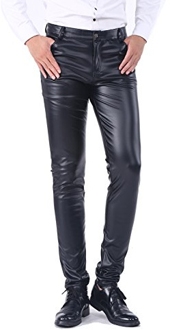 Idopy Men`s Business Slim Fit Five Pockets Faux Leather Pants Jeans Black 32