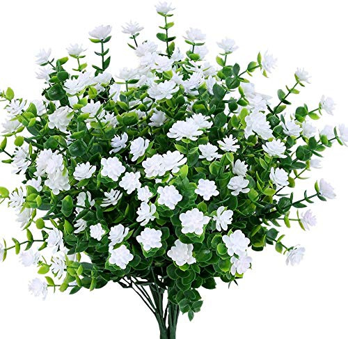 Ruiuzioong Künstliche Blumen, 4er-Pack, UV-beständig, grüne Sträucher, Pflanzen, drinnen und draußen, zum Aufhängen, Pflanzgefäß, Dekoration für Haus und Garten (Weiß)