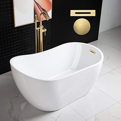 WOODBRIDGE 54 Acrylic Freestanding Bathtub Contemporary Soaking White Tub with Brushed Gold Overflow and Drain，B0006 -BG-Drain &O