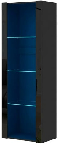 Panana LED Tall Display Cabinet with Glass Shelf Modern Sideboard Cupboard Unit for Living Room Bedroom Furniture (Black Matt Body & Black High Gloss Fronts)