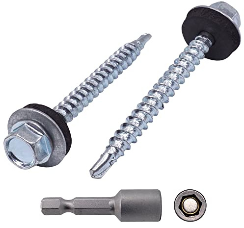Marcopol Selbstschneidende Schrauben aus verzinktem Stahl, DIN 7504-K, 4,8 x 50 mm, mit EPDM-Unterlegscheiben, Sechskant-Unterlegscheibenkopf, Blechschraube, Packung mit 500 Stück, Silber