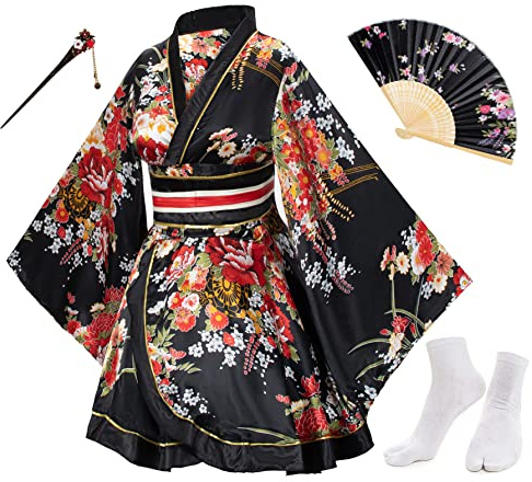 Japanischer Anime-Tanz-Kimono, Damen-Robe, Kostüm, Seiden-Faltfächer, Tabi-Haarnad-Socken, Set