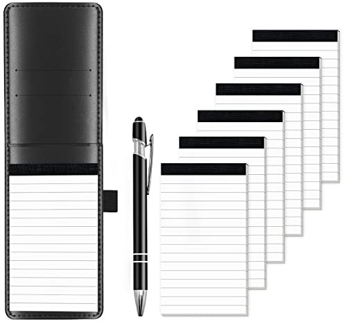 8 Pcs Mini Pocket Notepad A7 Holder Set Small Notepad Pen Holder with 30 Lined Sheets, Leather Mini Pocket Notebook with 6 Notepads Memo Book Refills with 30 Lined Paper Per Note Pad and 1Pc Metal Pen