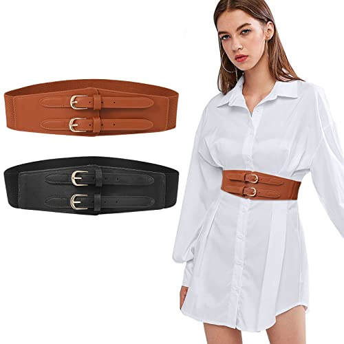 Kajeer 2 Stück Damen Elastischer Gürtel - 6cm Breiter Taillengürtel Doppelschnalle Verstellbar Modisch Damen Gürtel für Kleider