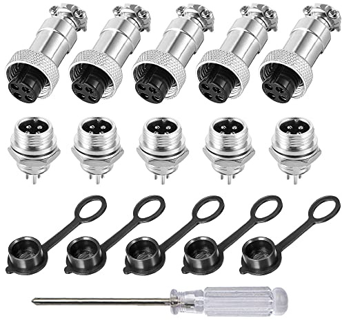 Aiqeer 5 Pezzi 4-Pin GX12 Connettore Aviazione, 12 mm Connettore Aviazione Metallo, 5A Connettore Aviazione Maschio Femmina, con Cappuccio in Gomma e Cacciavite a Croce