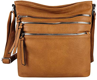 ITALYSHOP24 DAMEN TASCHE SHOPPER Schultertasche Umhängetasche CrossOver Crossbody Henkeltasche Beuteltasche Handtasche City Bag Reise Kunst-Leder Cognac