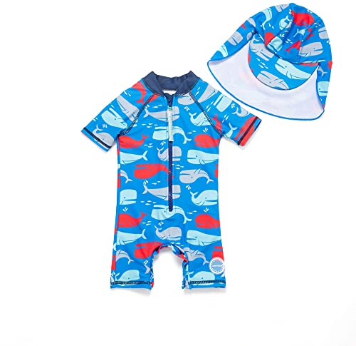 BONVERANO Bañador de una Pieza para bebé recién Nacido, Mangas largas, protección UV 50+, bañador con Cremallera(Azul-Ballena,12-18meses