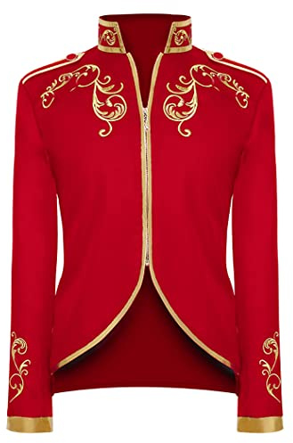 FYMNSI Herren Prinz Kost?m Blazer Gothic Steampunk Frack Mantel M?nner Smoking Festlich Anzug Mittelalter Viktorianischen Retro Jacke Uniform Karneval Fasching Halloween Party Cosplay Rot S