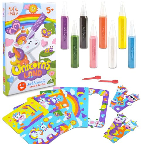 Sabbiarelli Sand-it For Fun – Kit Unicorns Land 5+ | Kit med Sand Art på enhörningstema 100% Made in Italy med färgad sand, självhäftande motiv och tillbehör | Kreativt pyssel för barn 5-12 år