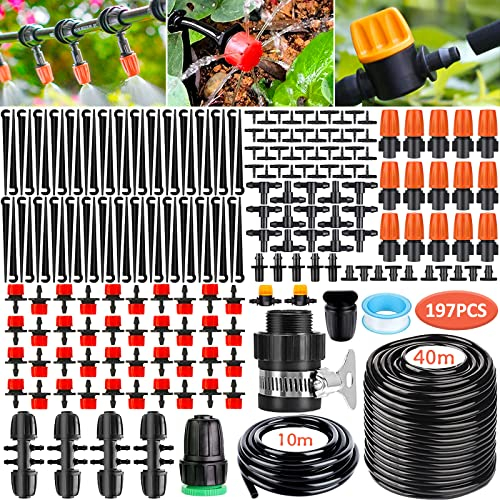 Purpledi 197 PCS Bewässerung Kit, 40m+10m Drip Bewässerungssets, Garten Bewässerungssystem DIY Micro Automatische Gewächshaus Sprinkler Tröpfchenbewässerung Gartenbewässerung,für Garten
