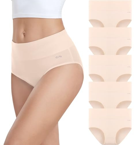coskefy Underwear Women, High Waisted Cotton Knickers Ladies Full Briefs Soft Panties Slight Tummy Control Pants 5 Pack