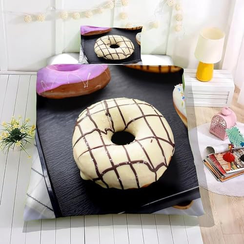 Copripiumino 160x200 Ciambelle Stampa 3D Set Copripiumino Ciambelle Morbido Microfibra Biancheria da Letto Ciambelle, Copripiumone con 2 Federe con Cerniera F566