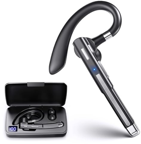EUQQ Bluetooth Headset, Wireless Hands Free Earbuds with Noise Canceling Mic, LED Battery Display Case, Handsfree Headset for Driving/Office