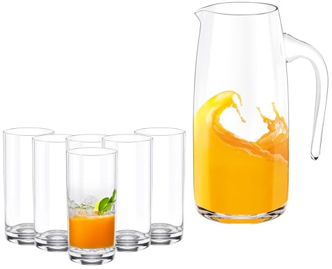 Wilmax Brocca in vetro da 1 L con 6 bicchieri da 390 ml in un set - Set per bevande - Brocca per succhi, acqua, tè freddo, latte - Lavabile in lavastoviglie - Brocca in vetro