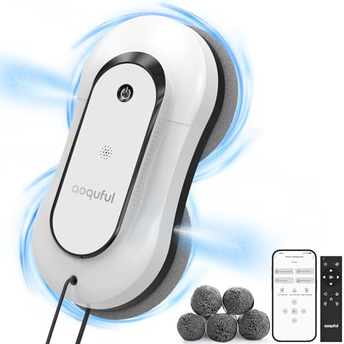 AOQUFUL Intelligent Window Cleaning Robot, Electric Glass Cleaner with Dual Water Spray, Automatic Window Vacuum with Remote Control and App, for Indoor and Outdoor Windows and Glass,12 Cloths, White