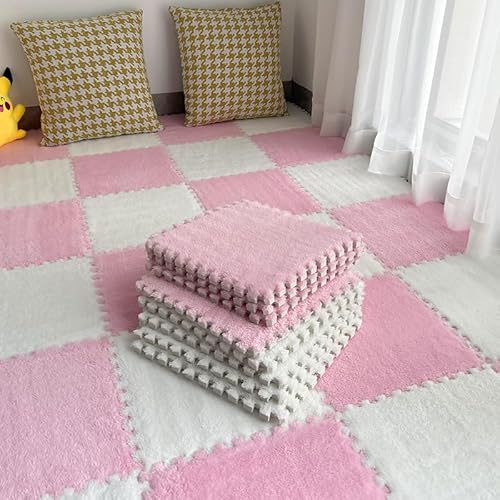Set aus 10 weichen Schaumstoff-Spielmatten, quadratische Bodenschutzmatte mit langem Fell, Puzzle für Spielzimmer, 30 x 30 x 1 cm, Farbe rosa und weiß