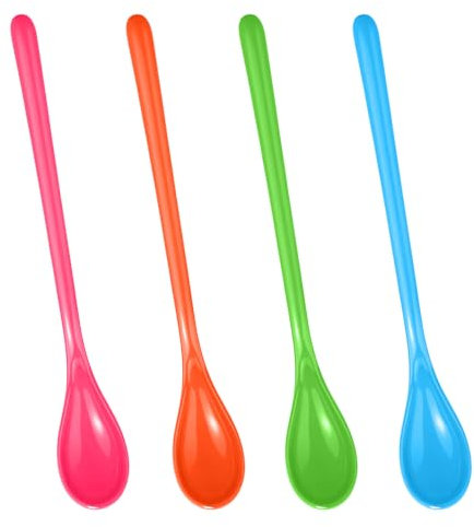 BUOKSLLY Lot de 4 cuillères en plastique colorées, longues cuillères à œufs, cuillères à confiture, cuillères à café, cuillères à dessert, cuillères à glace pour café, glace, yaourt